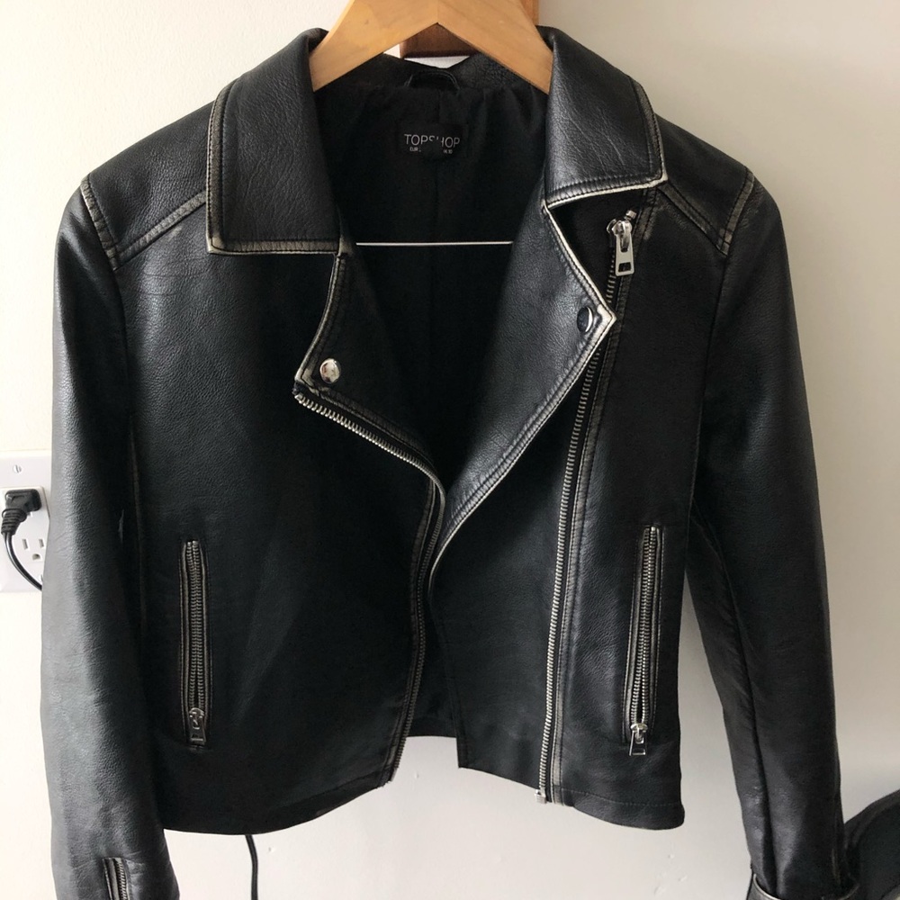 Topshop Vegan Leather Black Jacket w Acid Trim
